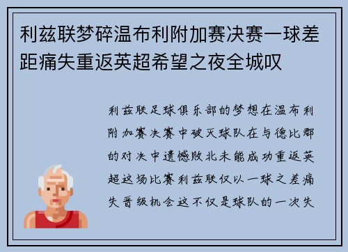利兹联梦碎温布利附加赛决赛一球差距痛失重返英超希望之夜全城叹